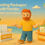 Claymation-style illustration of a redheaded marketer choosing between a template marketing package and a custom marketing strategy in a South Florida beach setting.