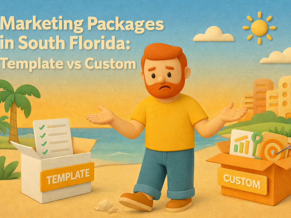 Claymation-style illustration of a redheaded marketer choosing between a template marketing package and a custom marketing strategy in a South Florida beach setting.