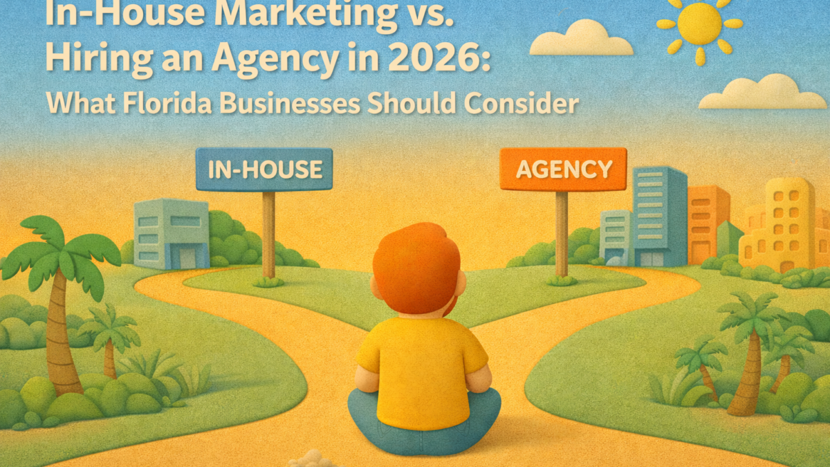 Claymation-style illustration of a redheaded marketer sitting at a fork in the road choosing between in-house marketing and hiring an agency, set in a South Florida landscape.