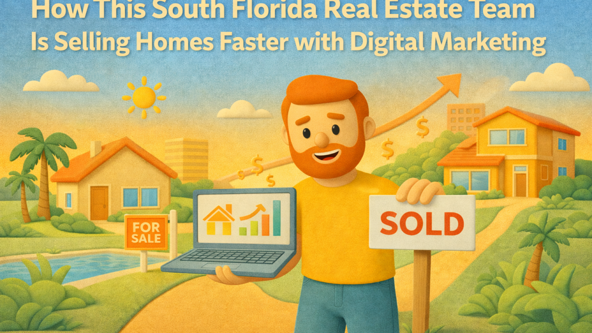 Claymation-style illustration of a redheaded marketer holding a laptop and a ‘Sold’ sign in a sunny South Florida neighborhood with homes and palm trees.