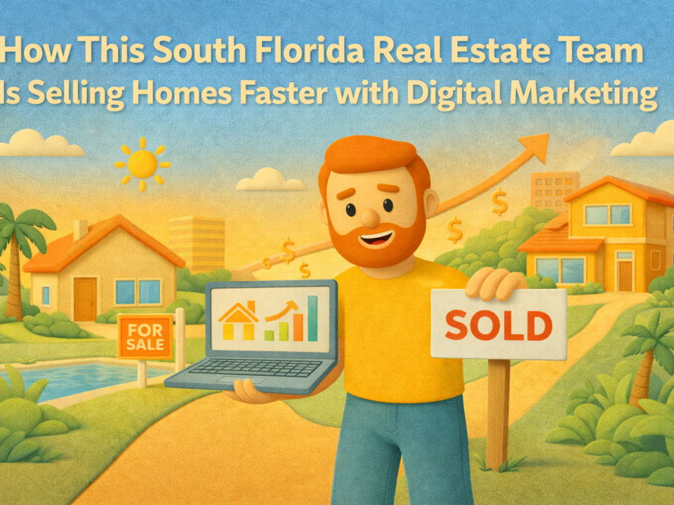 Claymation-style illustration of a redheaded marketer holding a laptop and a ‘Sold’ sign in a sunny South Florida neighborhood with homes and palm trees.