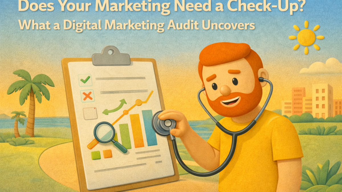Claymation-style illustration of a redheaded marketer using a stethoscope to examine a clipboard with charts and graphs, set in a sunny South Florida landscape, representing a digital marketing audit."