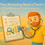 Claymation-style illustration of a redheaded marketer using a stethoscope to examine a clipboard with charts and graphs, set in a sunny South Florida landscape, representing a digital marketing audit."