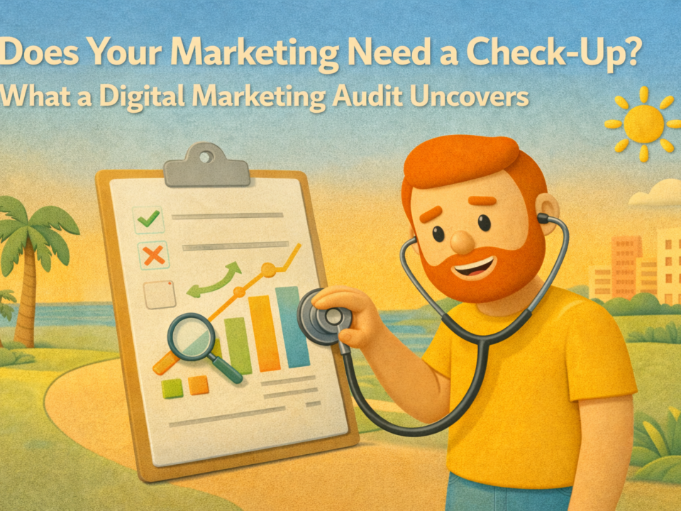 Claymation-style illustration of a redheaded marketer using a stethoscope to examine a clipboard with charts and graphs, set in a sunny South Florida landscape, representing a digital marketing audit."