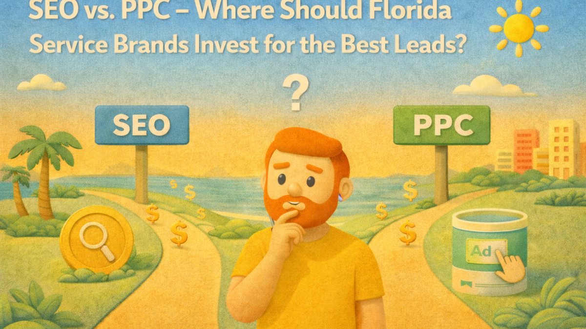 Claymation-style illustration of a redheaded marketer standing at a fork in the road choosing between SEO and PPC, set in a sunny South Florida landscape with palm trees and city backdrop.