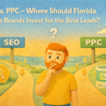 Claymation-style illustration of a redheaded marketer standing at a fork in the road choosing between SEO and PPC, set in a sunny South Florida landscape with palm trees and city backdrop.
