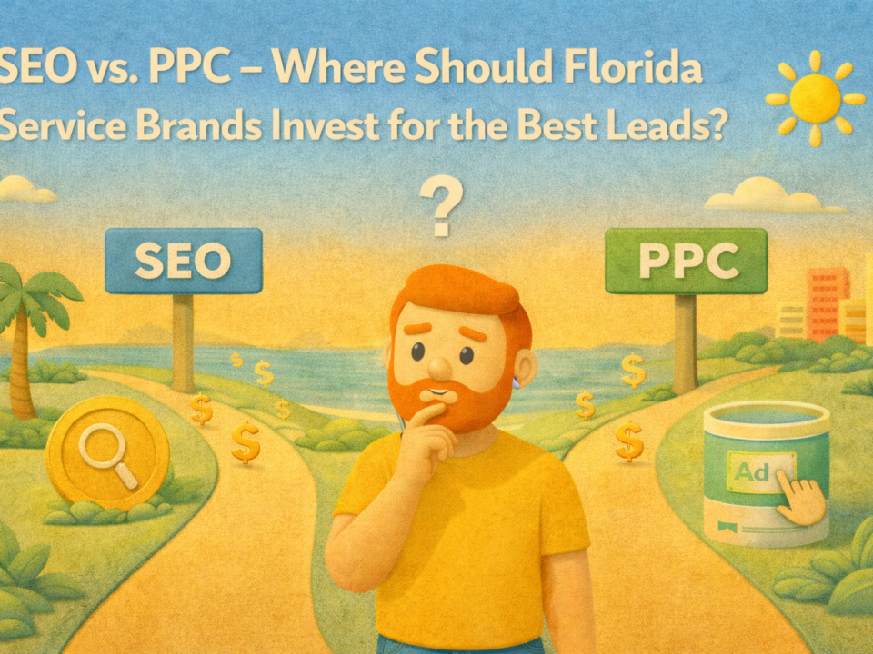 Claymation-style illustration of a redheaded marketer standing at a fork in the road choosing between SEO and PPC, set in a sunny South Florida landscape with palm trees and city backdrop.