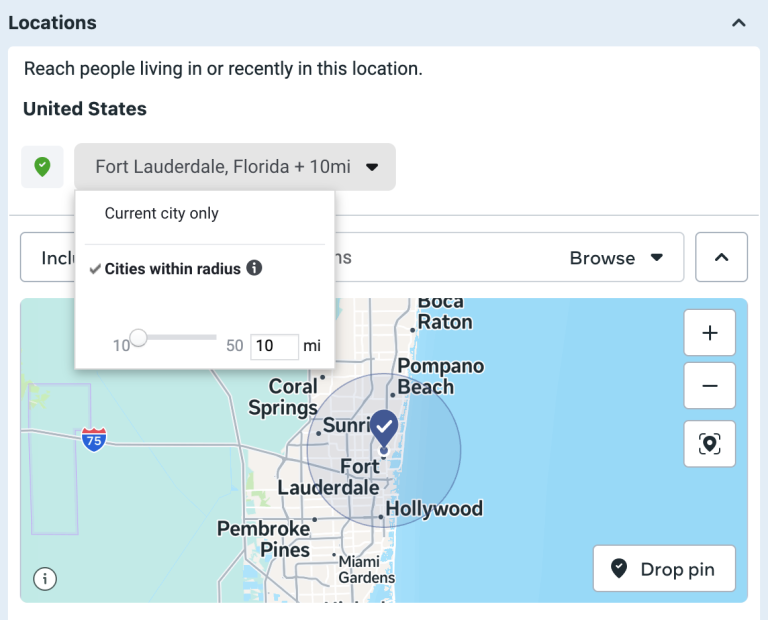 Screenshot of Meta Ads Manager showing geo-targeting set to a specific Fort Lauderdale address with a 1-mile radius selected. J. Oliver Advertising