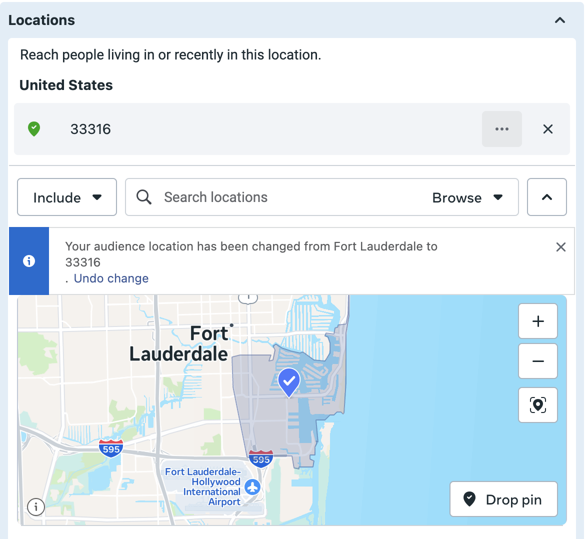 Screenshot of Meta Ads Manager showing geo-targeting narrowed to Fort Lauderdale zip code 33316. J. Oliver Advertising