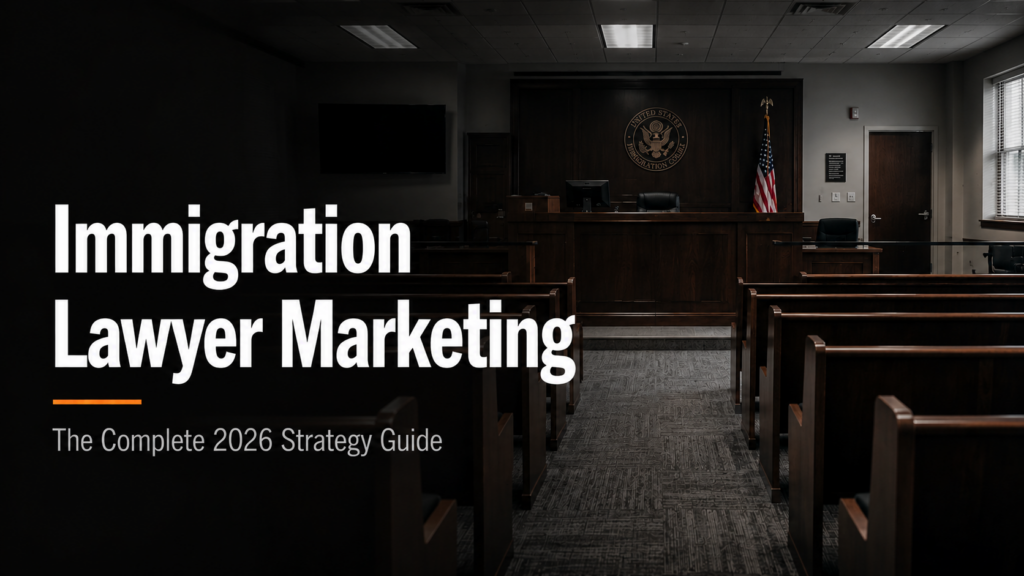 rendering of immigration court room with text overlayed on top saying "immigration lawyer marketing the complete 202 strategy guide"