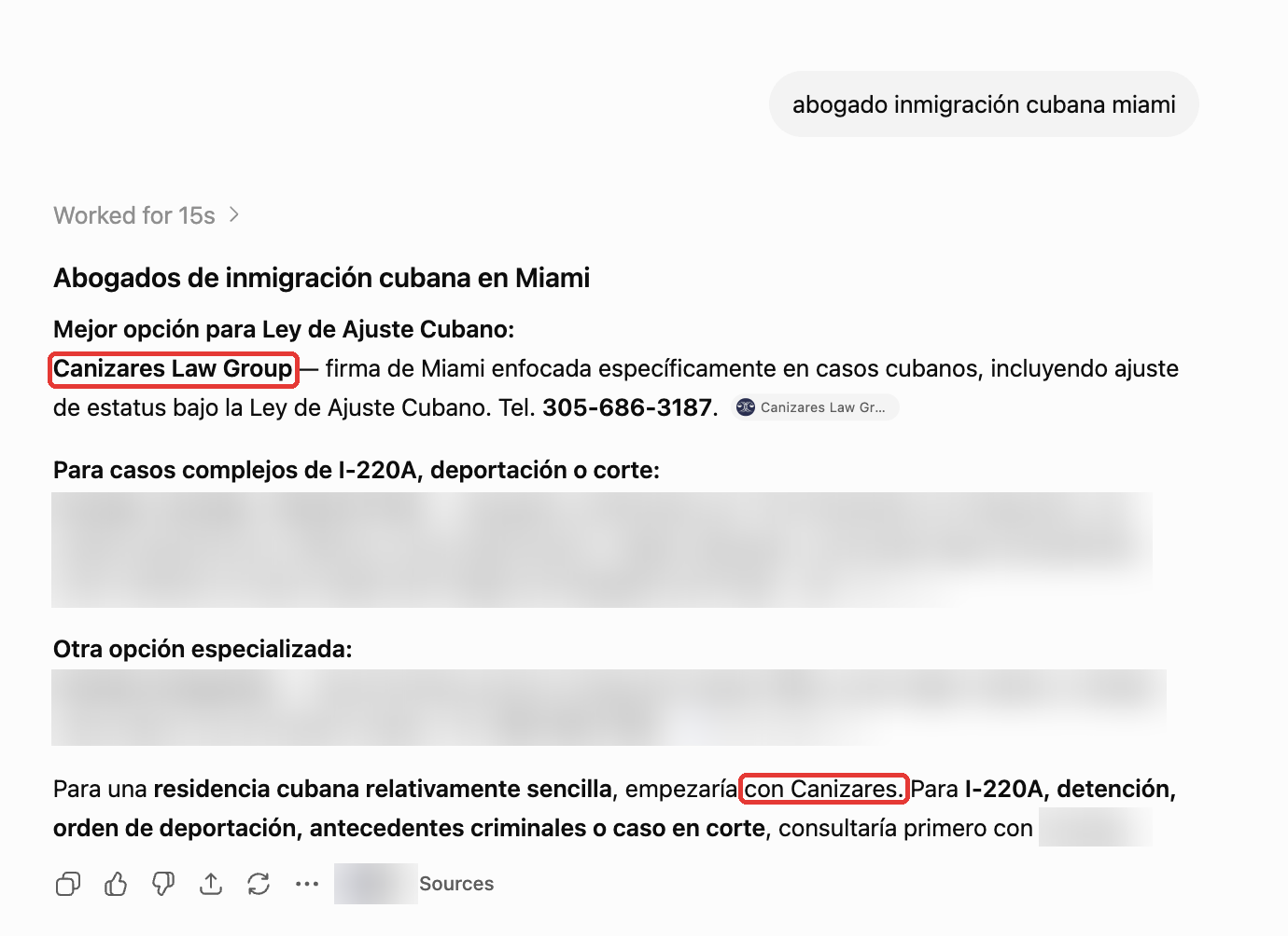 ChatGPT recommends Canizares Law Group as the top option for Cuban Adjustment cases in Miami. Competitor business names blurred.
