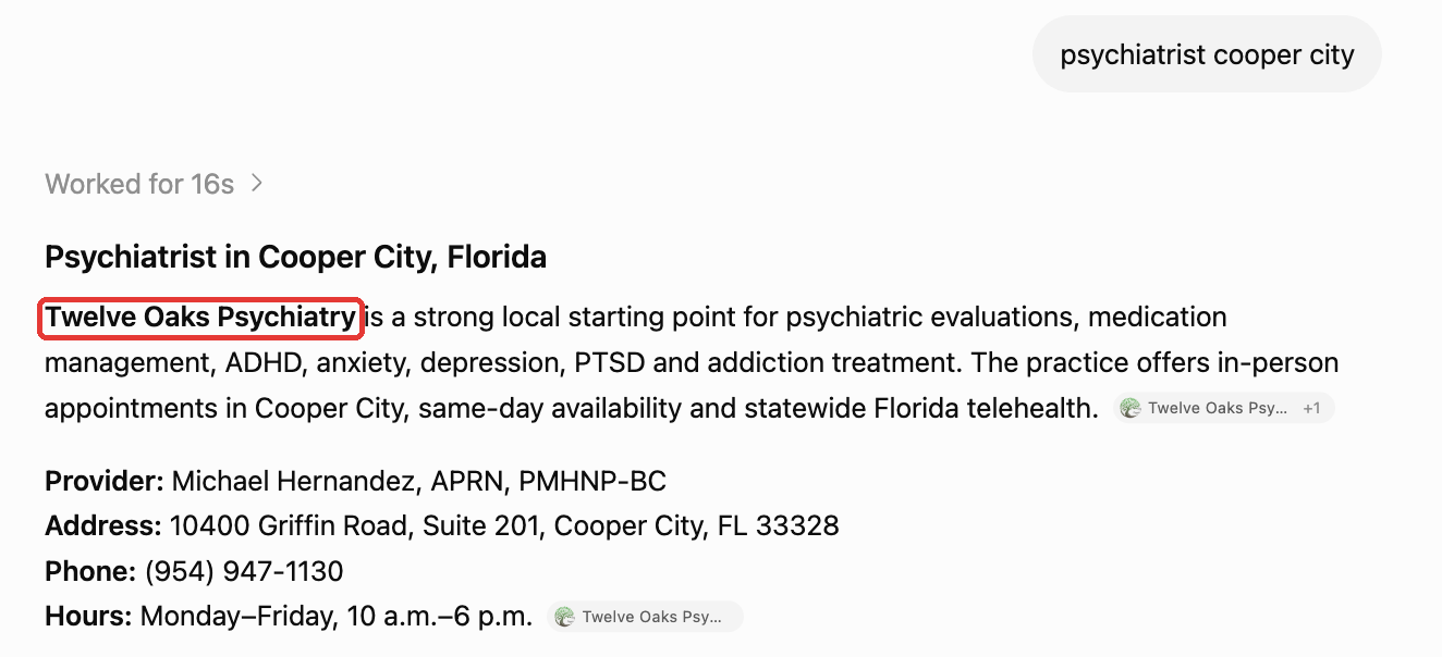 ChatGPT recommends Twelve Oaks Psychiatry as a strong local option in Cooper City.