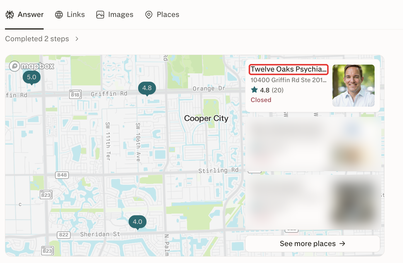 Perplexity map results show Twelve Oaks Psychiatry first. Competitor listings blurred.