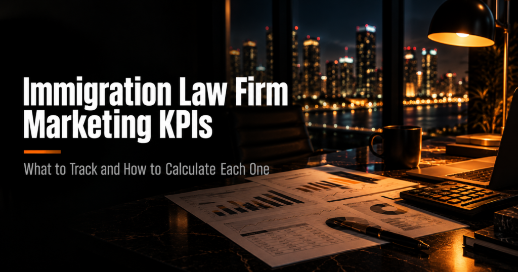Printed marketing charts, a calculator and a pen on a law office desk at night, with a city skyline behind and the title Immigration Law Firm Marketing KPIs: What to Track and How to Calculate Each One