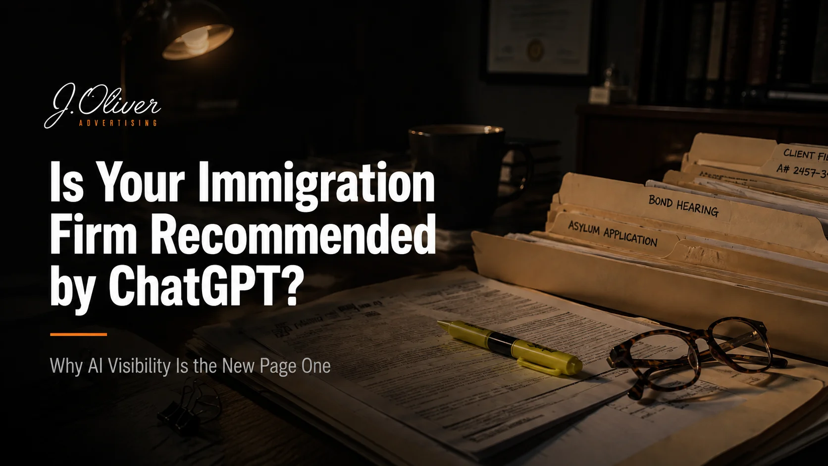 Blog header image showing an immigration attorney desk with files and the headline "Is your immigration firm recommneded by chatgpt?"