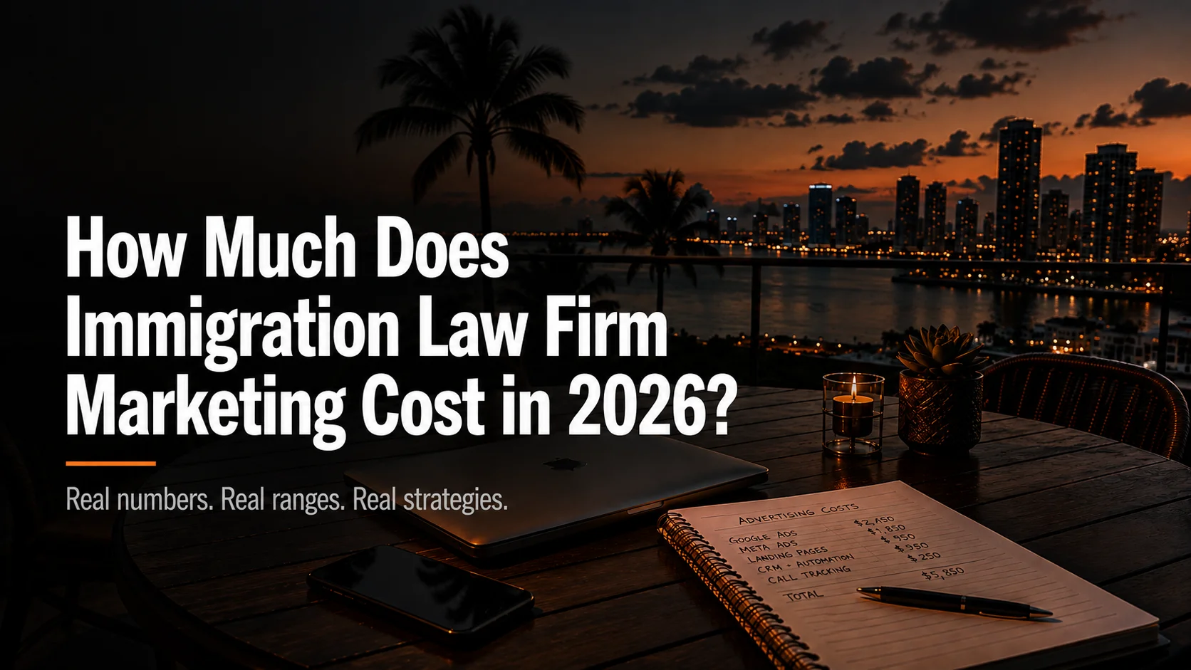 blog image showing a deck view looking over Miami sky line with text overlayed say "how much does immigration law firm marketing cost in 2026?"