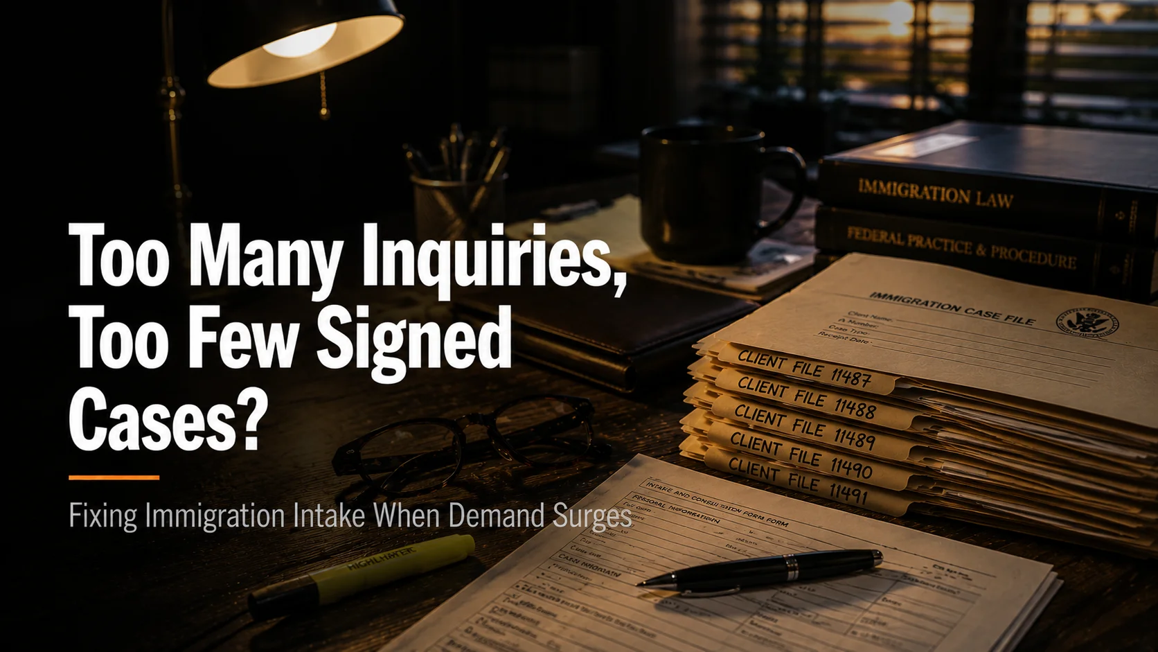 image of cluttered immigration attorney desk with text title overlayed saying "too many inquiries, too few cases? fixing immigration attorney intake "