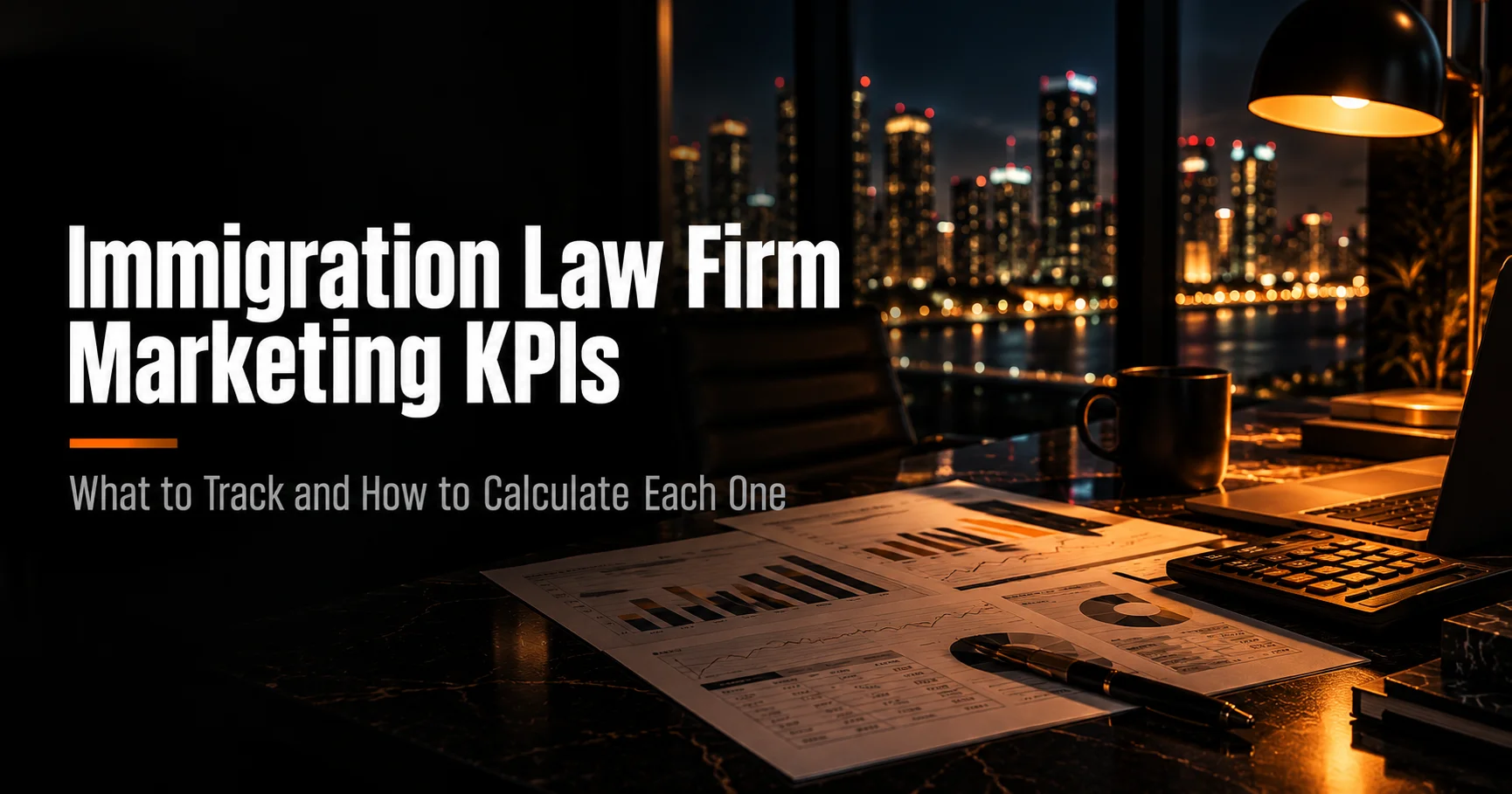 Printed marketing charts, a calculator and a pen on a law office desk at night, with a city skyline behind and the title Immigration Law Firm Marketing KPIs: What to Track and How to Calculate Each One