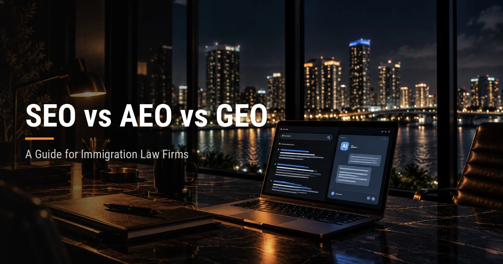 Laptop showing Google search results and an AI chat window on an office desk overlooking a South Florida skyline at night, with the title SEO vs AEO vs GEO: A Guide for Immigration Law Firms